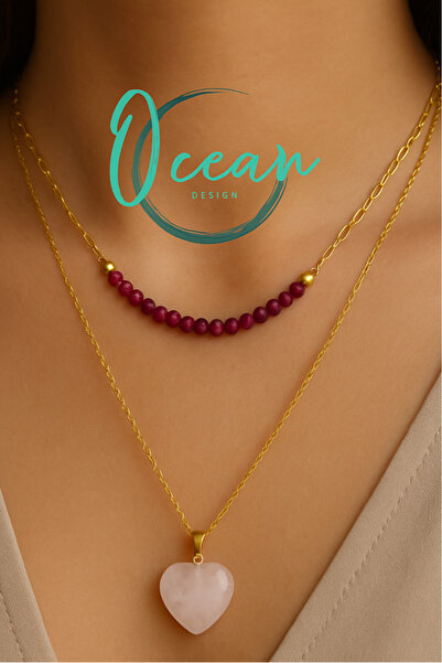 OCEANDESING El Yapımı Özel Tasarım Orijinal Yakut ve Kalpli Pembe Kuvars Taşl...