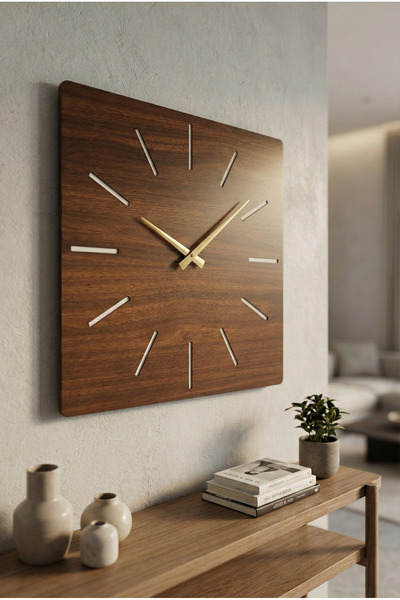 AA Shop Kare Ahşap Ceviz Renk Sade Sayılı Yılbaşı Hediyelik Sessiz Duvar Saat...