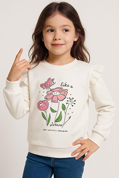 Breeze سويت شيرت بناتي مزين بتطريز زهور على الأكتاف مطبوع 2-6 سنوات، إكرو