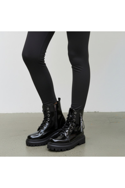 PATİK BEBE Cizme cu fermoar cu talpă groasă din piele neagră pentru fete