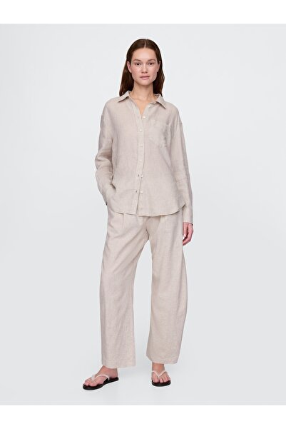 GAP Kadın Bej Mid Rise Keten Karışımlı Barrel Pantolon