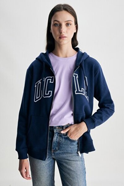 UCLA JOYCE Lacivert Kapüşonlu Ve Fermuarlı Aplikeli Şardonlu Standard Fit Kadın Sweatshirt