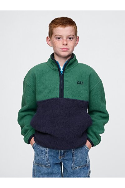 GAP Erkek Çocuk Yeşil Gap Logo Yarım Fermuarlı Sherpa Sweatshirt