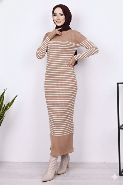 benguen 6104 Balıkçı Yaka Çizgili Elbise Vizon