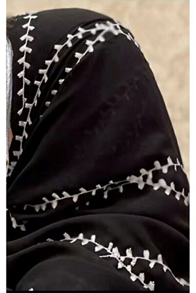 Veil Designer طرحة سودة بوال بتطريز طول الطرحة بقماش ياباني بتطريز أبيض و رمادي المقاس : 60 * 190