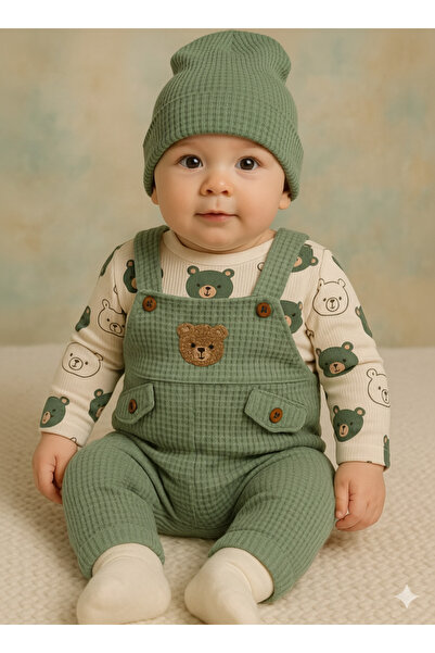 NAFİTO Ayıcık Nakışlı Erkek Bebek 3’lü Tulum Seti – Zıbın, Tulum Ve Çorap | 3-6-9 Ay