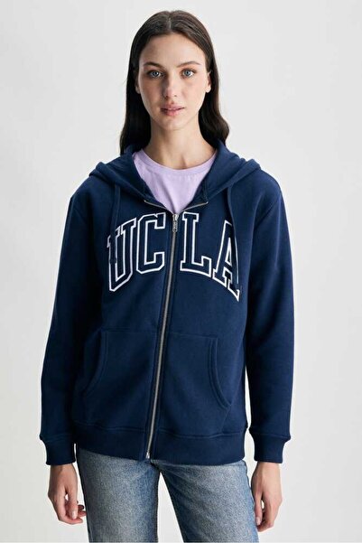 UCLA JOYCE Lacivert Kapüşonlu Ve Fermuarlı Pamuklu Aplikeli Şardonlu Standard Fit Kadın Sweatshirt