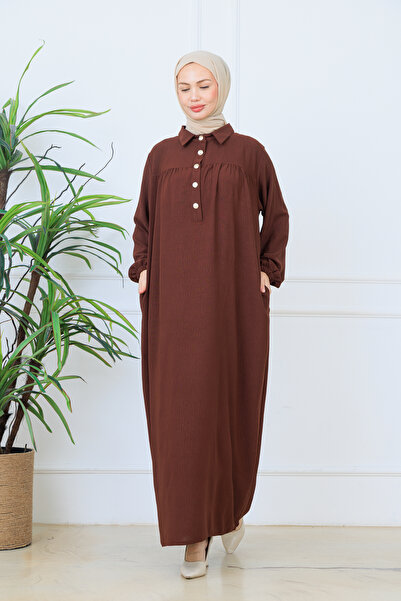 OKTAYUSTA COLLECTİON قميص مفتوح من الأمام بأزرار وياقة روبية فستان مولانا بني اللون