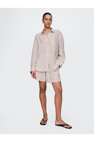 GAP Kadın Bej High Rise Keten Karışımlı Şort