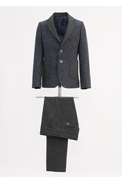 Micio Boy's Navy Blue Checkered Bag Pocket and Collar Anthracite Detailed Jac...