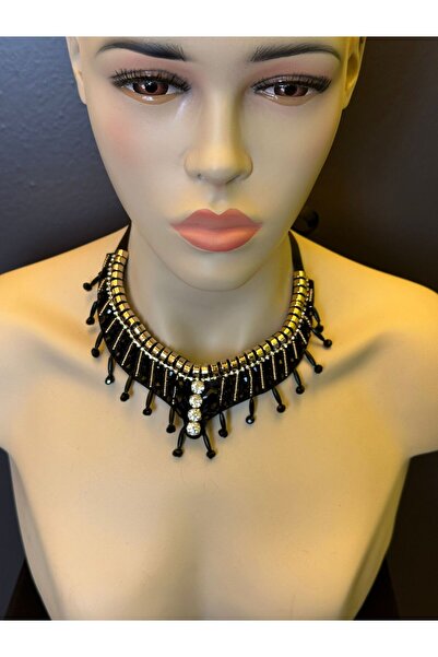 Gönülden Tasarım 14X4 CM KRİSTAL BONCUKLU İŞLEME PÜSKÜLLÜ KOLYE YAKA KOLYE