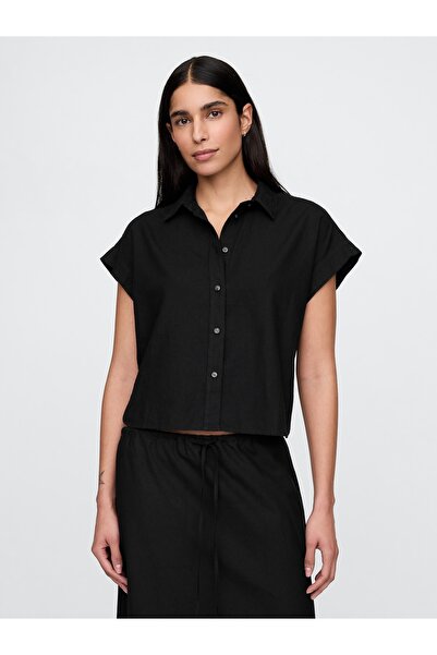 GAP Kadın Siyah Keten Karışımlı Crop Gömlek
