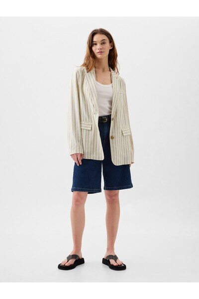 GAP Kadın Bej Relaxed Keten Karışımlı Blazer