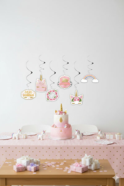 Deniz Party Store Unicorn Floral Themed 6 Piece Pendant Lamp Ceiling Ornament