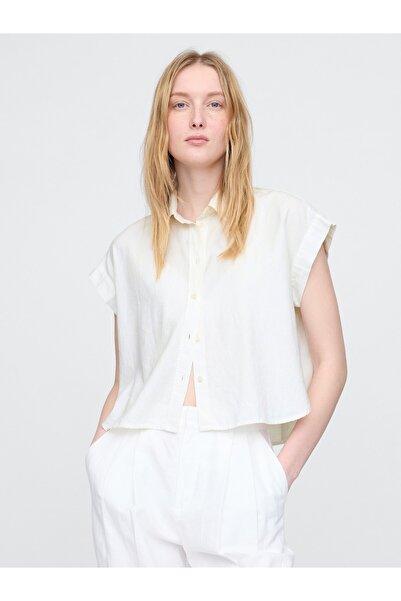 GAP Kadın Beyaz Keten Karışımlı Crop Gömlek
