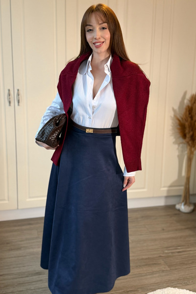 Dilay Gökoğlu Butik Süet Şık Midi Lacivert Etek