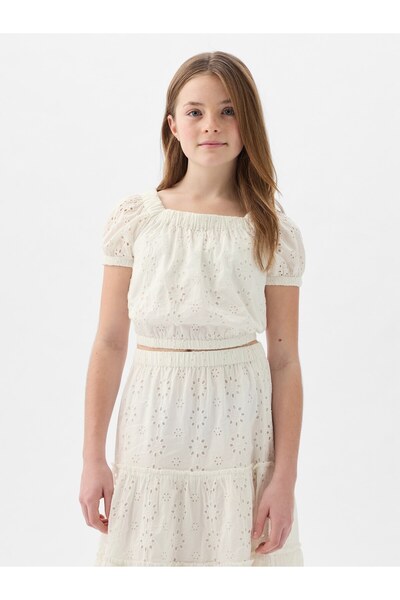 GAP Kız Çocuk Kırık Beyaz Fisto İşlemeli Balon Kol Bluz