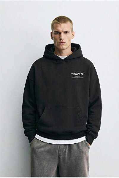 ablukaonline Bărbați supradimensionat Raven cu imprimeu Premium cu glugă Swea tricou Negru