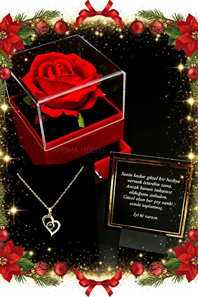 aromahediye 14 AYAR ALTIN KAPLAMA 100 DİLDE SENİ SEVİYORUM KOLYE GÜLLÜ KUTU ÇEKMECELİ HEDİYELİK YILBAŞI ÖZEL SET