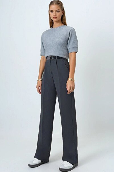 VAGGON Women's Gray Belted Button Closure Double Pocket Palazzo Pants Vs01458