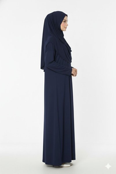 REY-VİA Easy-To-Wear One-Piece Prayer Dress with Headscarf Navy Blue
