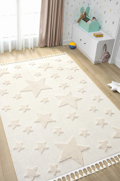 Eliz Home Krem Renk Yıldızlı Yumuşak Bukleli Dokuma Halı Bebek Odası Çocuk Odası Genç Odası Halısı 12