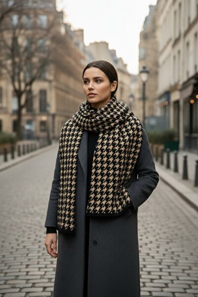 Onur Зимовий шарф - з візерунком «гусяча лапка», з товстої якісної тканини, граматурний виріб, двосторонній