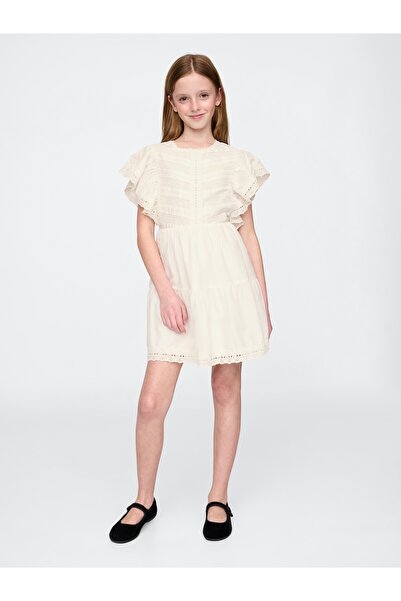 GAP Kız Çocuk Kırık Beyaz Dantelli Fırfır Detaylı Elbise