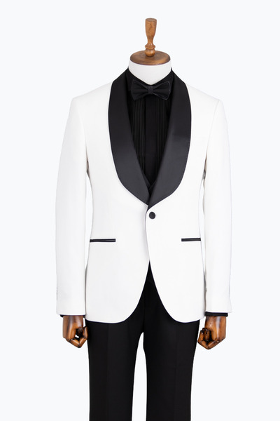 HC MEN CLASSIC Erkek Smokin Şal Yaka Slim Fit Viskon Karışımlı Beyaz Yelekli ...