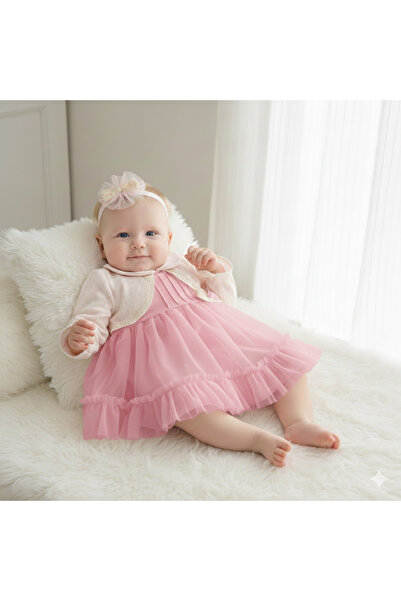 Miniday Baby Kız Bebek Mevlütlük Dantelli Elbise Bandanalı