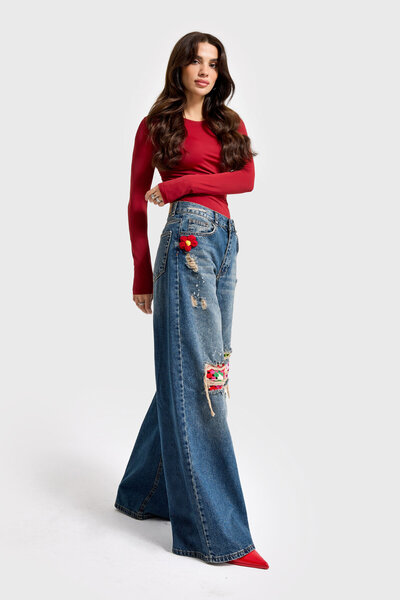 it's basic Kadın Kot Rengi Etnik Desenli Palazzo Fit Tasarım Denim