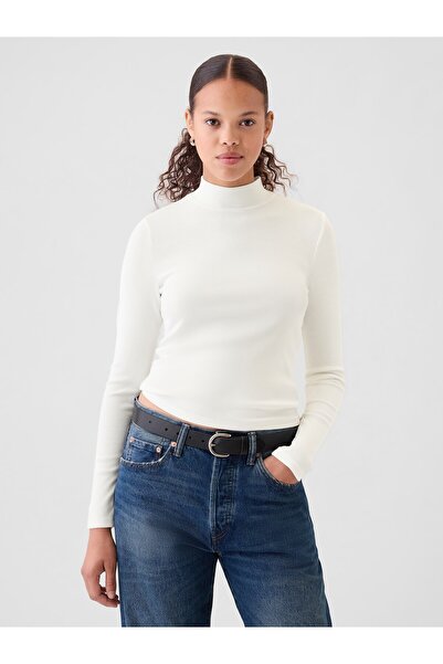 GAP Kadın Kırık Beyaz Modern Fitilli Crop Balıkçı Yaka T-Shirt