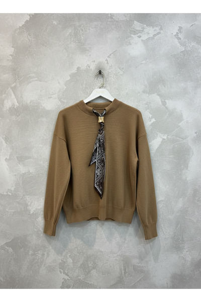 mahira collection Camel guler rotund Pulover tricotat pentru femei cu eșarfă