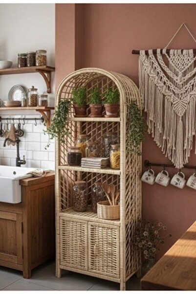 RUSTİKEVDECORART El Yapımı Hasır Banyo Mutfak Balkon Teras Salon Rafı Kitaplık 4 Kat Dekoratif Kapaklı Erzak Dolabı