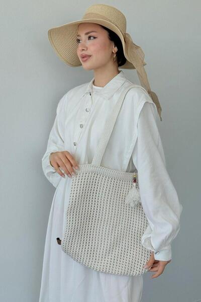 Şulemoda Giyim Geantă din paie cu mărgele albă