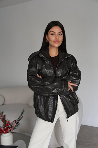 Julidress guler ridicat Jachetă din piele premium cu căptușeală de crocodil