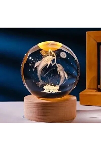 velve Lampa de veghe cu delfini, 3D, glob din cristal si baza din lemn, 10 cm