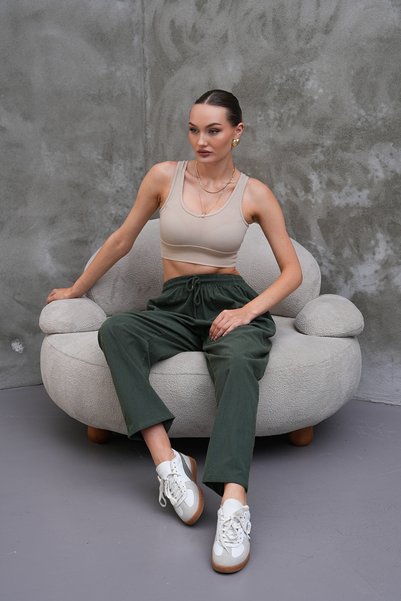 BigBrossBoutique Khaki Linen Blended Casual Casual Style Women's Trousers