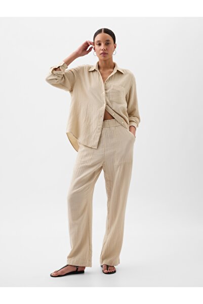 GAP Kadın Bej Mid Rise Gauze Wide-Leg Pull-On Pantolon
