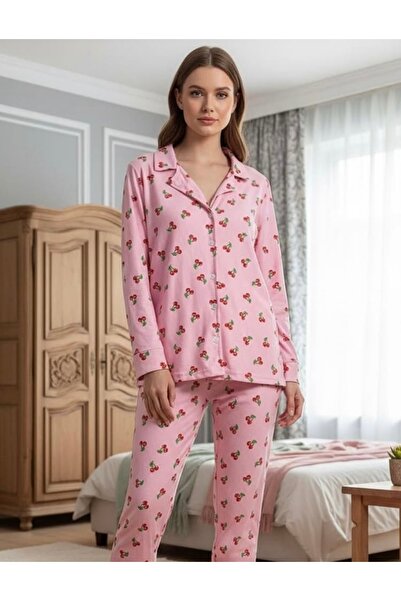 Fanwet طقم بيجامة نسائي من الجلد المدبوغ بأكمام طويلة ونقشة الكرز وأزرار أمامية