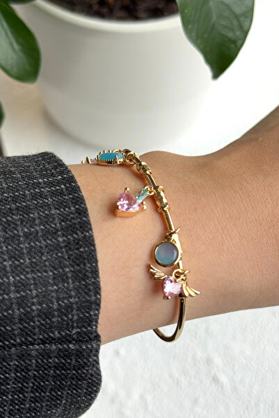 Leo'Stone Premium Seri Renkli Taşlı Kalp Charmlı Ayarlanabilir Kadın Çelik Bi...