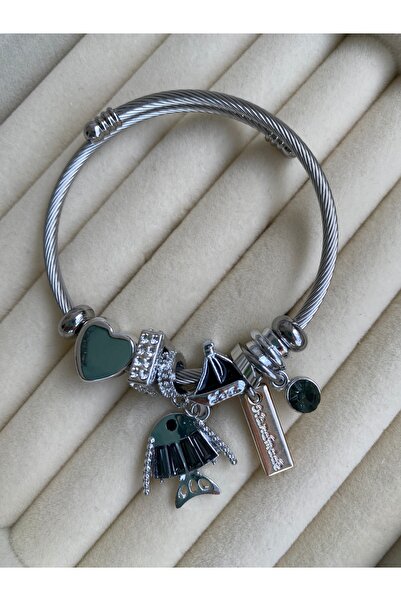 BusradanDesign سوار فضي اللون مع تفاصيل على شكل سمكة وحلقات متعددة