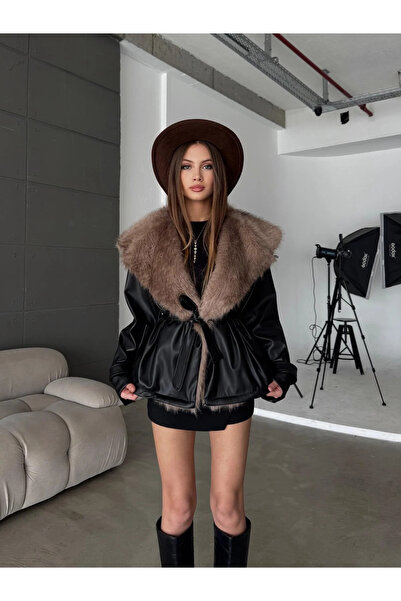 BLACKPERA Premium Kürk Yaka Bağlamalı Deri Ceket Mont