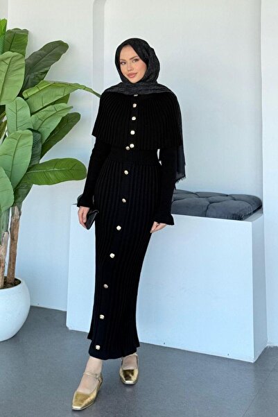 Şulemoda Giyim Çınar Pelerin Düğmeli Takım Siyah