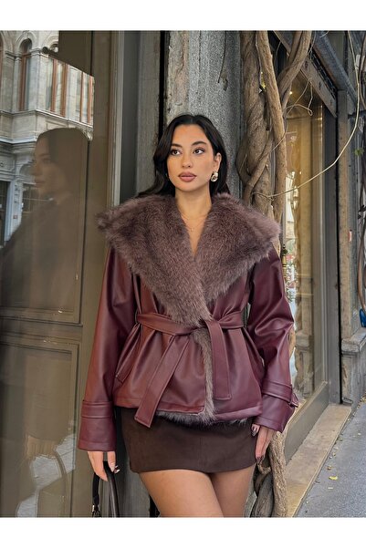 BLACKPERA Premium Kürk Yaka Bağlamalı Deri Ceket Mont
