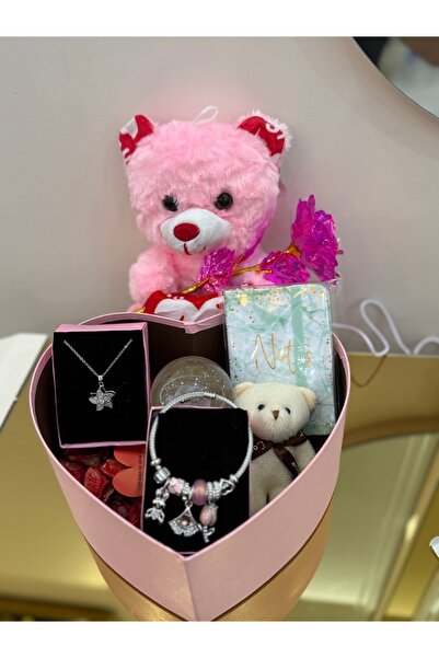 SUMMER GIFT Sevgiliye Kalpli Kutu Hediye 3D Işıklı Küre Kararmaz Çelik Kolye Ve Bileklik Peluş Ayıcık