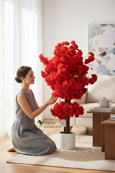 YAPAY ÇİÇEKÇİNİZ Çim Detaylı Beyaz Saksıda Kırmızı Renkli 100 cm Lüks Yapay B...