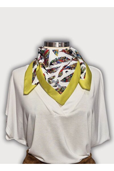 POZİTİF MRK وشاح من الساتان التويلي باللون الأصفر الليموني بنقشة الريش 70 سم ...