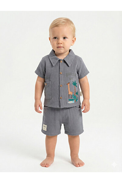 Mini Baray Organic 100% Cotton Giraffe Printed Baby Boy Summer Set with Pocke...
