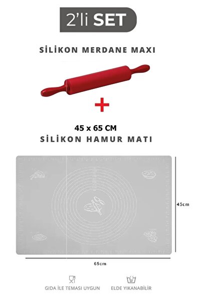 ZUZU MADE Hamur Açma Seti 45x65 Cm Silikon Hamur Açma Matı Gri Ve Silikon Mer...